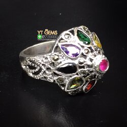 แหวนนพเก้า ทรงโบราณ พลอยหลากสี แหวนเงินแท้ 92.5% รมดำ ประดับ พลอยหลากสี (CZ) ตกแต่ง แมกกาไซต์ หน้าแหวน 1.7 ซม. YTG-4465 YTGEMS