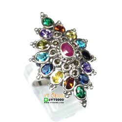 แหวนนพเก้า ทรงมาคี พลอยหลากสี แหวนเงินแท้ รมดำ พลอยหลากสี (CZ) YTG-4417 YTGEMS
