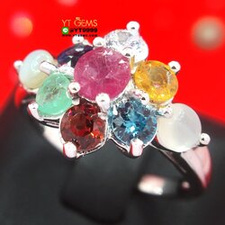 แหวนนพเก้าแท้ ข้าวหลามตัด แหวนเงินแท้ ชุบทองคำขาว พลอยนพเก้าแท้ (พลอยแท้ครบตามตำรา) YTG-1055 YTGEMS