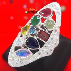 แหวนนพเก้าแท้ ทรงมาคี แหวนเงินแท้ ชุบทองคำขาว พลอยนพเก้าแท้ (พลอยแท้ครบตามตำรา) YTG-1064 YTGEMS