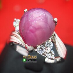 แหวนทับทิมกินบ่เซี่ยง ทับทิมสตาร์ ทรงหยดน้ำ แหวนเงินแท้ 92.5% ชุบทองคำขาว ประดับ พลอยทับทิมกินบ่เซี่ยงแท้ (มีสตาร์ชัด) ตกแต่ง เพชรSwiss หน้าแหวน 1.3 ซม. YTG-10527 YTGEMS