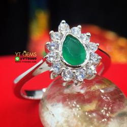 แหวนกรีนอาเกต ล้อมเพชร แหวนเงินแท้ ชุบทองคำขาว พลอยกรีนอาเกตแท้ YTG-8386 YTGEMS