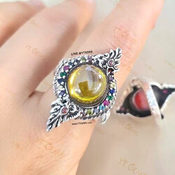 แหวนบ่วงนาคบาศ โอบมณีสีเหลือง บุษราคัม(CZ) ล้อมนพเก้า(CZ) แหวนเงินแท้ รมดำ YTG-11483 YTGEMS