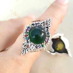 แหวนบ่วงนาคบาศ โอบมณีสีเขียว มรกต(CZ) ล้อมนพเก้า(CZ) แหวนเงินแท้ รมดำ YTG-11479 YTGEMS