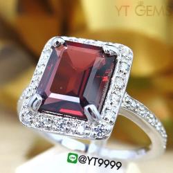 แหวนโกเมน แหวนเงินแท้ 92.5% ชุบทองคำขาว ประดับพลอยโกเมนแท้ ตกแต่งเพชรSwiss YTG-8596 YTGEMS