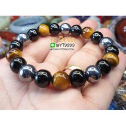 สร้อยข้อมือหินมงคล3ประสาน หินตาเสือแท้ นิลแท้ แร่เทราเฮิร์ตแท้ 10mm YTG-7899 YTGEMS