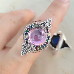 แหวนบ่วงนาคบาศ โอบมณีสีชมพู ทับทิม(CZ) ล้อมนพเก้า(CZ) แหวนเงินแท้ รมดำ YTG-11478 YTGEMS