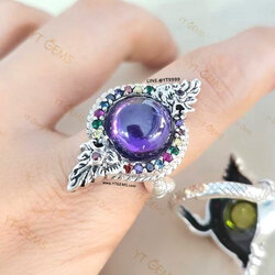 แหวนบ่วงนาคบาศ โอบมณีสีม่วง อเมทิสต์(CZ) ล้อมนพเก้า(CZ) แหวนเงินแท้ รมดำ YTG-11484 YTGEMS