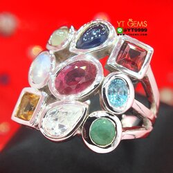 แหวนนพเก้าแท้ แหวนเงินแท้ ชุบทองคำขาว พลอยนพเก้าแท้ (พลอยแท้ครบตามตำรา) YTG-1066 YTGEMS