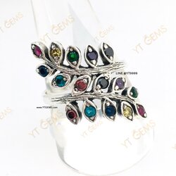 แหวนนพเก้า ใบมะกอก แหวนเงินแท้ รมดำ พลอยหลากสี (CZ) YTG-11513 YTGEMS
