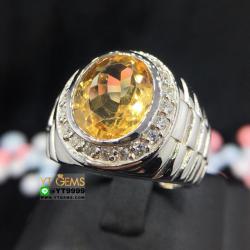 แหวนซิทริน แหวนเงินแท้92.5% ชุบทองคำขาว ประดับพลอยซิทรินแท้ ตกแต่งเพชรSwiss YTG-8189 YTGEMS
