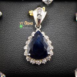 จี้หยดน้ำ จี้ไพลิน จี้ล้อมเพชร จี้เงินแท้ 92.5% ชุบทองคำขาว ประดับ พลอยไพลินแท้ ตกแต่ง เพชรSwiss YTG-8707 YTGEMS