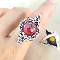 แหวนบ่วงนาคบาศ โอบมณีสีแดง โกเมน(CZ) ล้อมนพเก้า(CZ) แหวนเงินแท้ รมดำ YTG-11480 YTGEMS