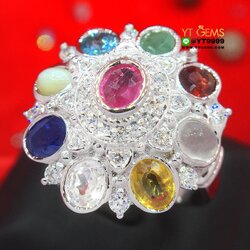 แหวนนพเก้าแท้ ทรงโบราณ แหวนเงินแท้ ชุบทองคำขาว พลอยนพเก้าแท้ (พลอยแท้ครบตามตำรา) YTG-1067 YTGEMS