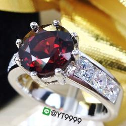 แหวนโกเมน แหวนเงินแท้ 92.5% ชุบทองคำขาว ประดับพลอยโกเมนแท้ ตกแต่งเพชรSwiss YTG-8580 YTGEMS