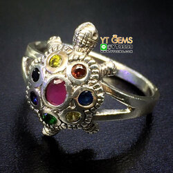 แหวนนพเก้า แหวนเต่า แหวนเงินแท้ 92.5% รมดำ ประดับ พลอยหลากสี (cz) YTG-9850 YTGEMS