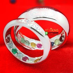 แหวนซ่อนทรัพย์ แหวนคู่ นพเก้าแท้ แหวนเงินแท้ 92.5% ชุบทองคำขาว ประดับ พลอยนพเก้าแท้ (พลอยแท้ครบตามตำรา) หน้าแหวน 4 และ 7 มม. YTG-10471 YTGEMS