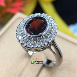 แหวนโกเมน แหวนเงินแท้ 92.5% ชุบทองคำขาว ประดับพลอยโกเมนแท้ ตกแต่งเพชรSwiss YTG-8547 YTGEMS