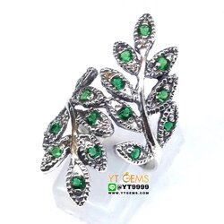 แหวนใบมะกอก แหวนมรกต แหวนเงินแท้ 92.5% รมดำ ประดับ พลอยมรกต (CZ) YTG-10338 YTGEMS