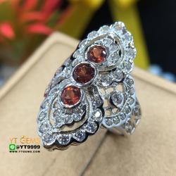 แหวนทรงมาคี แหวนโกเมน แหวนเงินแท้ 92.5% ชุบทองคำขาว ประดับพลอยโกเมนแท้ ตกแต่งเพชรSwiss YTG-8553 YTGEMS