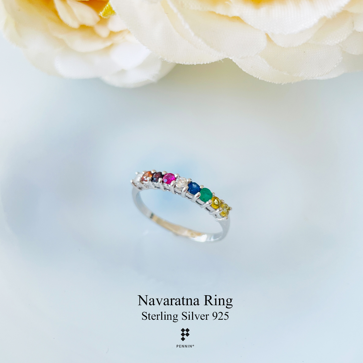[SALE20%]แหวนนพเก้าเรียงเก้าเม็ด วางพลอยตามตำราไทยแท้ เงินแท้ชุบทองขาว สวยน่ารัก เสริมโชคลาภสิริมงคล