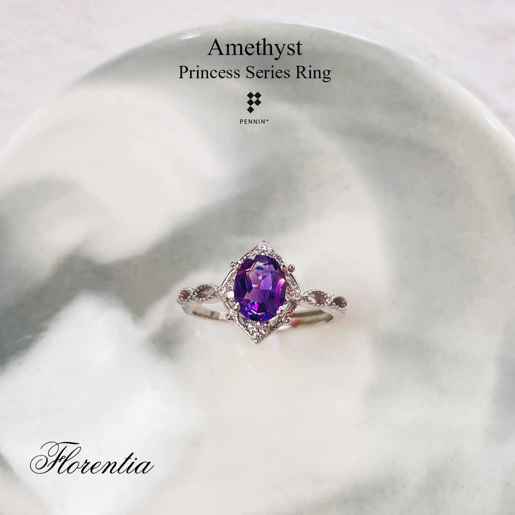 FLORENTIA: แหวนอเมทิสต์ (Amethyst) ดีไซน์แนววินเทจ เจ้าหญิง เงินแท้ชุบทองคำขาว
