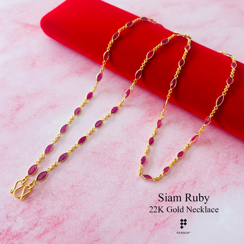 สร้อยคอทองคำแท้ผ่าหวาย ทับทิมสยามรูปมาคี 7x3mm งานขึ้นมือทอง 90 นน.เกือบ 3 สลึง ยาว 25 นิ้ว