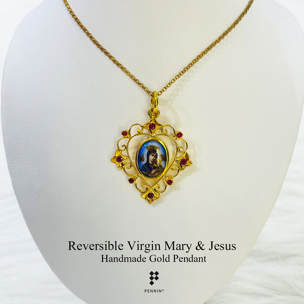จี้แม่พระเลี่ยมกรอบทองกระเบื้องเคลือบอิตาลี แซมทับทิม รูปแม่พระและพระเยซู งานขึ้นมือทอง 90