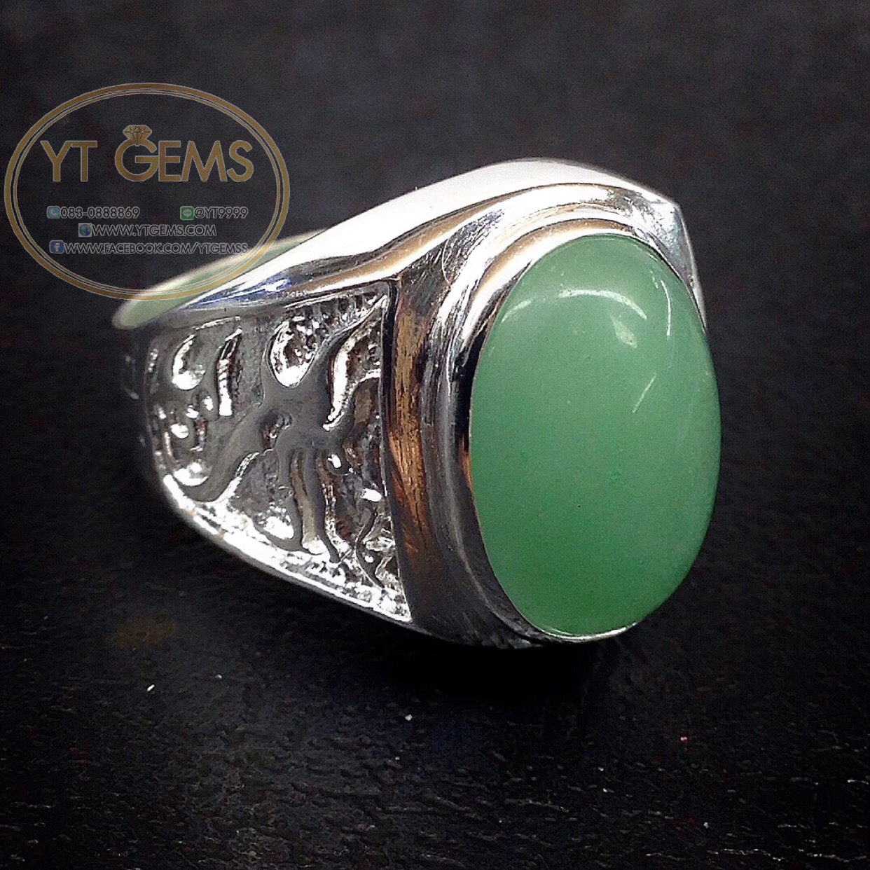 แหวนเงินแท้92.5% หยกพม่า(cz) ข้างลายมังกร YTG-4389 YTGEMS