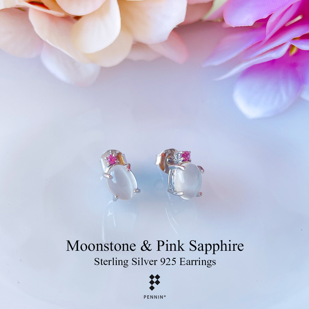 ต่างหูมุกดาหารตาแมว (Cat's Eye Moonstone) แซมยอด Pink Sapphire สวยหวาน เงินแท้ 925 ชุบทองคำขาว