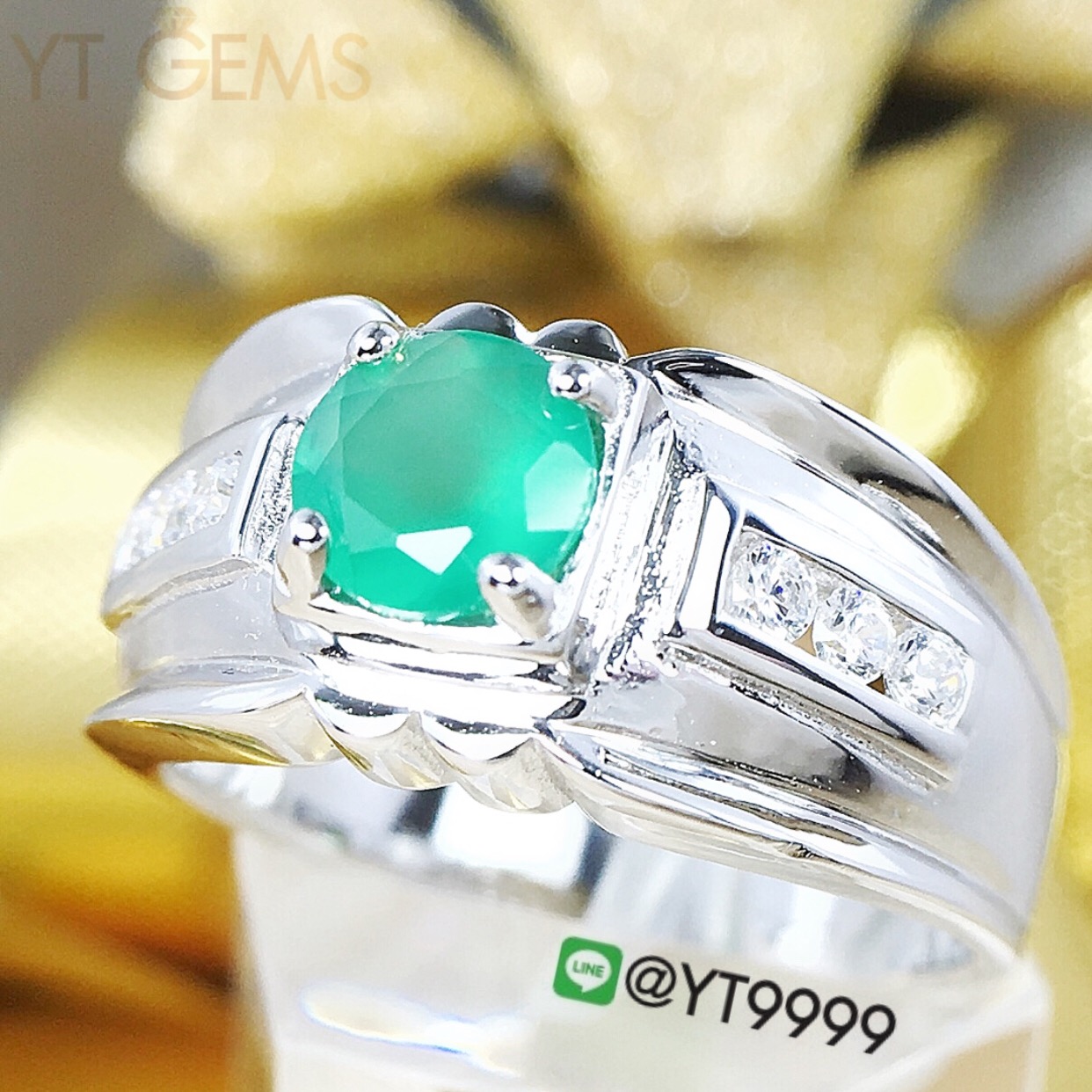 แหวนกรีนอาเกต ข้างเพชร แหวนเงินแท้ ชุบทองคำขาว พลอยกรีนอาเกตแท้ YTG-8426 YTGEMS