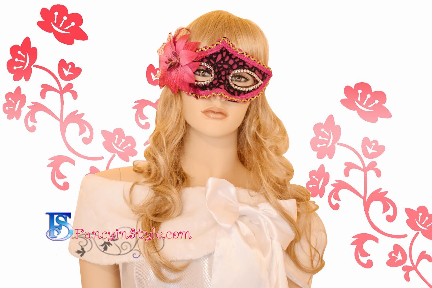 Fancy Mask หน้ากากแฟนซีแต่งดอกไม้และขนนกสีชมพูเข้ม