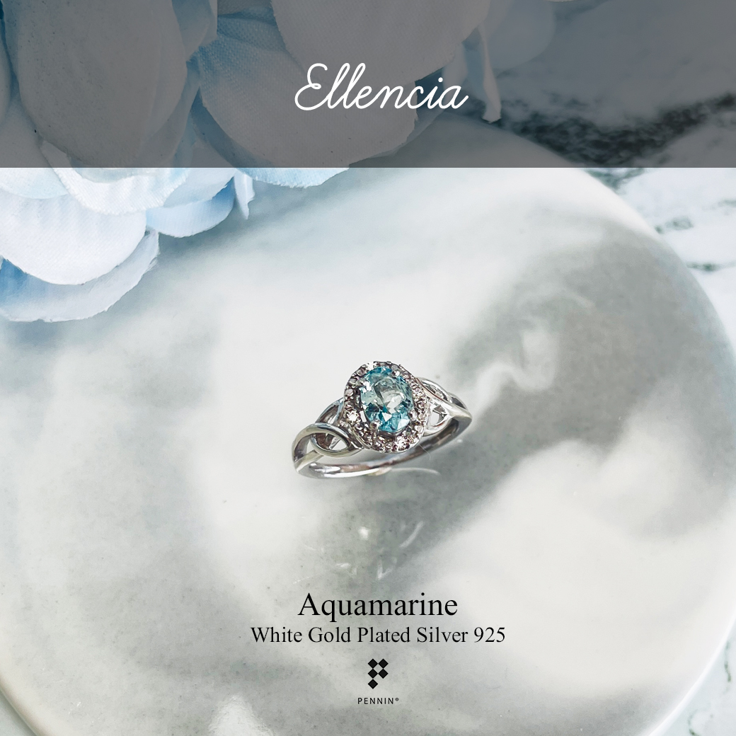 ELLENCIA: อควอมารีน (Aquamarine) 7x5mm 0.57ct ล้อมเพทายขาว ดีไซน์แนววินเทจ เงินแท้ชุบทองคำขาว
