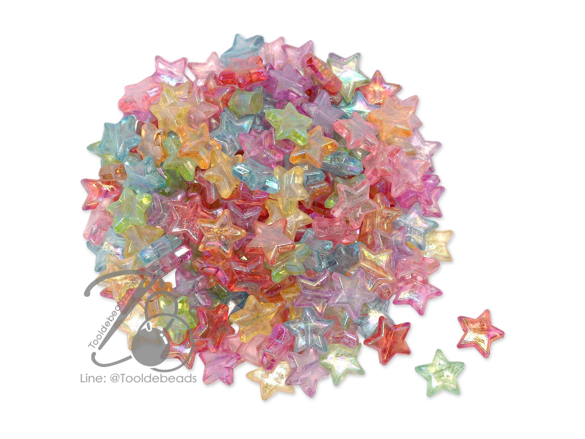 ลูกปัดพลาสติก เคลือบรุ้ง 14มม. ลายดาว คละสีใสรุ้ง (500 กรัม) SKU-13324