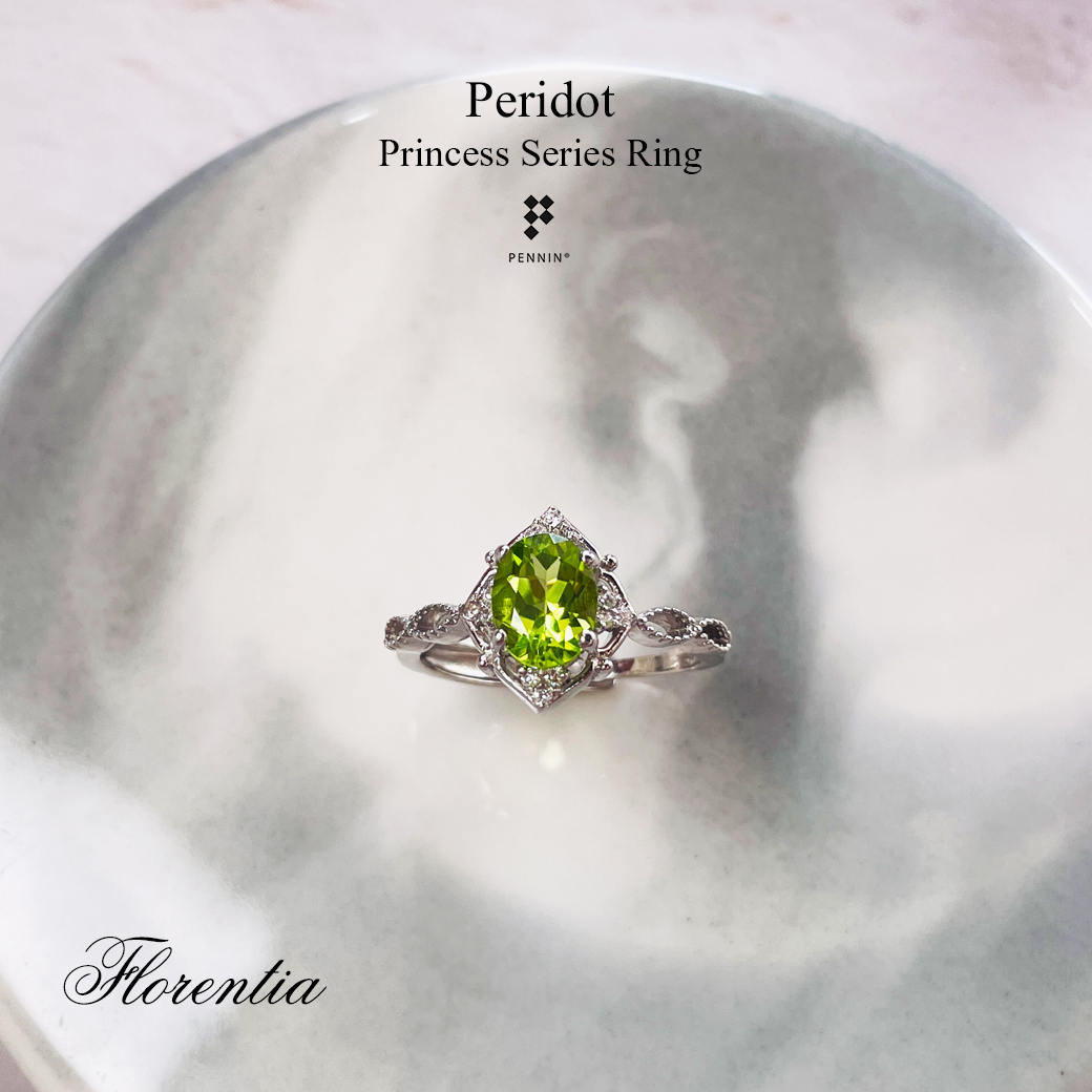 FLORENTIA: แหวนเพอริโด (Peridot) ดีไซน์แนววินเทจ เจ้าหญิง เงินแท้ชุบทองคำขาว