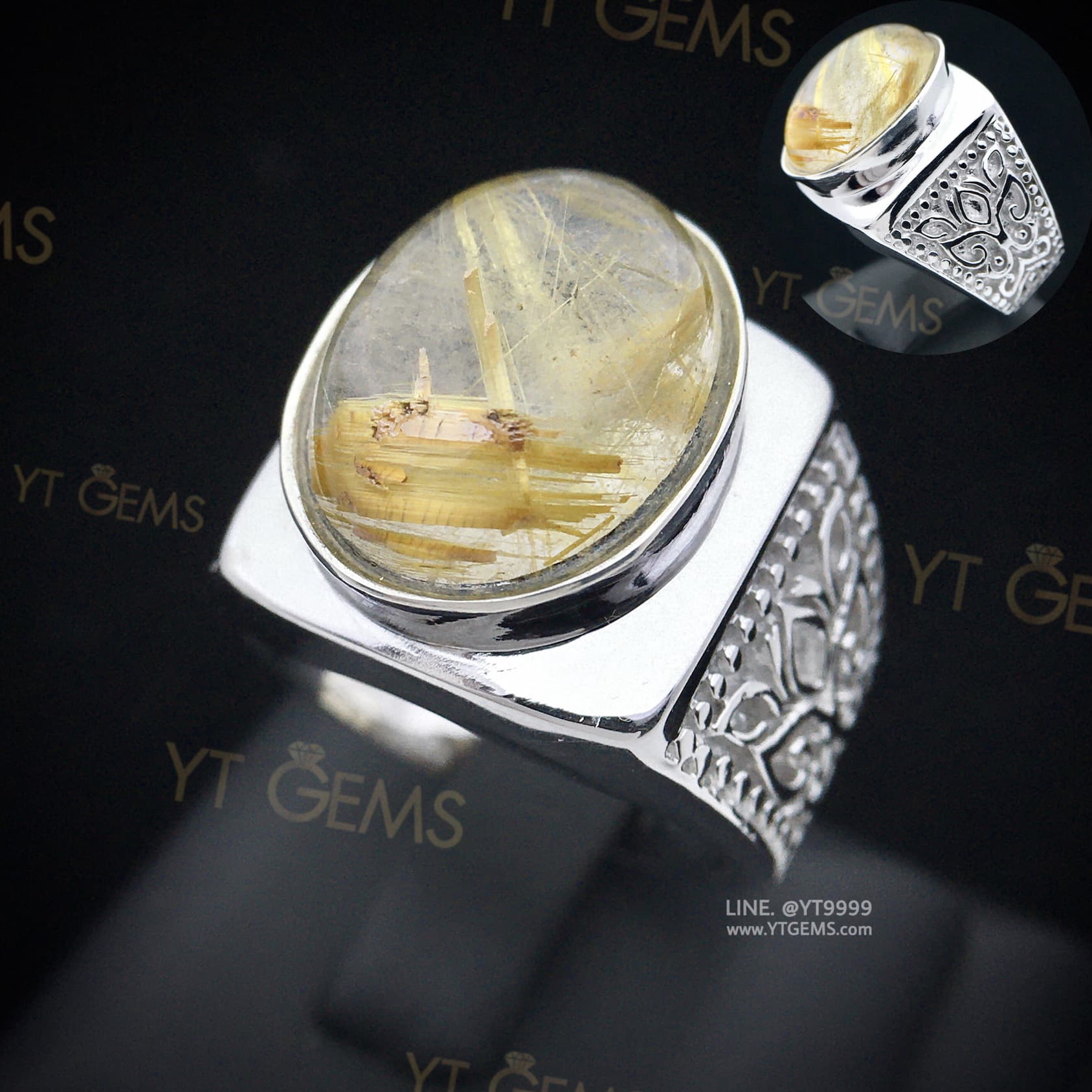 แหวนแก้วไหมทอง แหวนเงินแท้ ชุบทองคำขาว แก้วไหมทองแท้ YTG-11670 YTGEMS