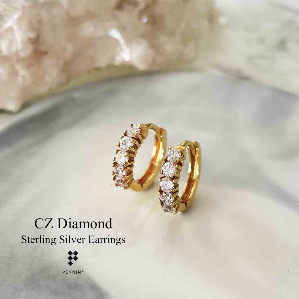ต่างหูเพชรสวิส CZ เรียง 5 เม็ด แบบหนามเตย หางกระรอก (CZ Diamond Earrings) เงินแท้ 92.5% ชุบทอง