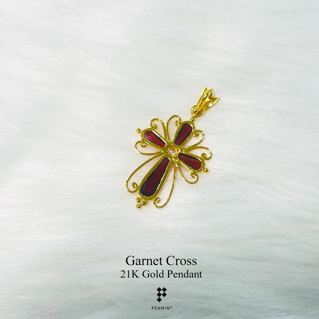 จี้กางเขนทองคำแท้ ประดับพลอยโกเมน เพชรแท้ 0.045ct งานขึ้นมือทอง 90 พลอยแท้จันทบุรี