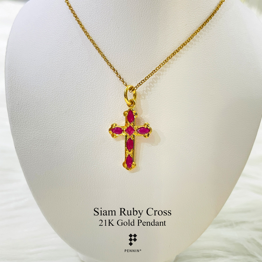 จี้กางเขนทองคำแท้ ประดับพลอยทับทิมสยาม เผาเก่า งานขึ้นมือทอง 90 พลอยแท้จันทบุรี