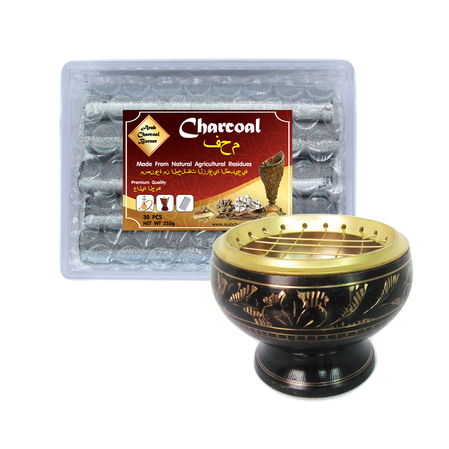 เตาเผาไม้หอม สีดำ ทอง กระถางธูป เครื่องหอมทุกชนิด ทำจากทองเหลืองแท้ + ถ่าน ถ่านเผา ถ่านไม้ ถ่านพิเศษ ชาโคล สำหรับจุดไฟเผา 1 กล่อง