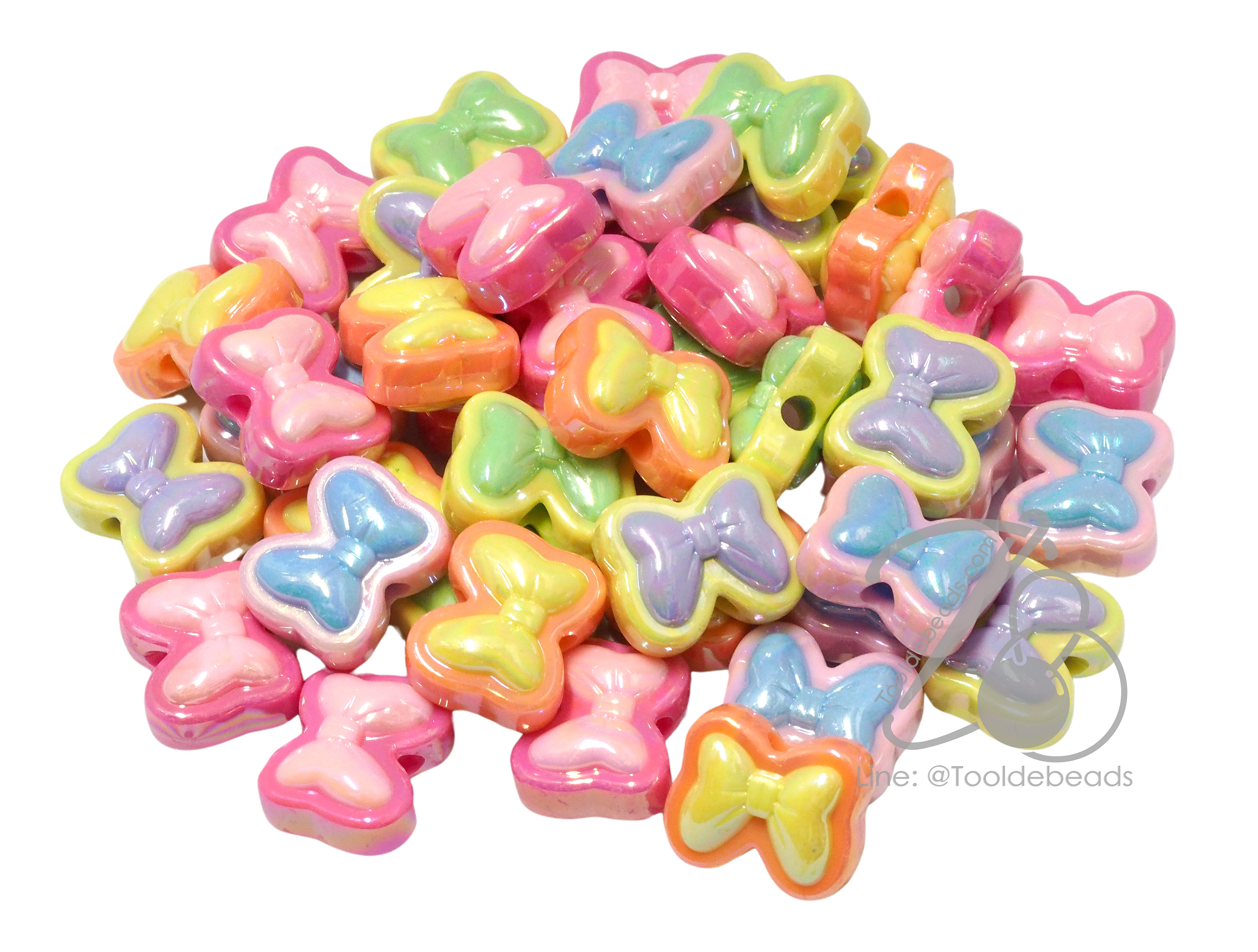 ลูกปัดอะคริลิค ทรงนูน 20*17มม. ลายโบว์เคลือบรุ้ง สีหวาน (10 กรัม) SKU-14393