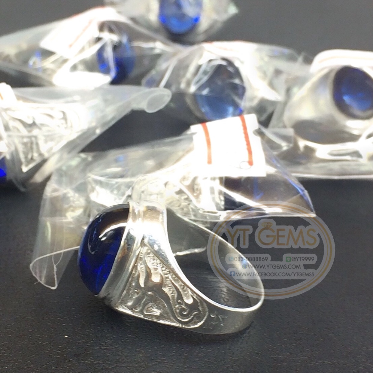 แหวนเงินแท้92.5% ข้างแกะลายมังกร พลอยไพลิน(cz) YTG-5562 YTGEMS