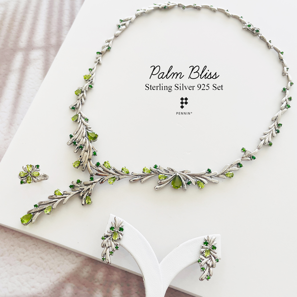 Palm Bliss: ใบลานแห่งความสุข ความสำเร็จ ชุดสร้อยคอ ต่างหู แหวน ประดับพลอยเพอริดอท โครมไดออฟไซด์ เงินแท้ 925 ชุบทองขาว