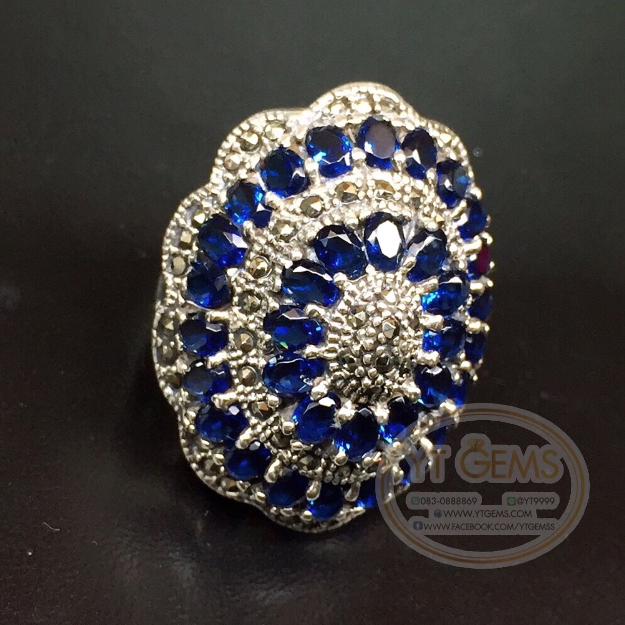 แหวนเงินแท้92.5% รมดำ พลอยไพลิน(cz) ตกแต่งแมกกาไซต์ YTG-5587 YTGEMS