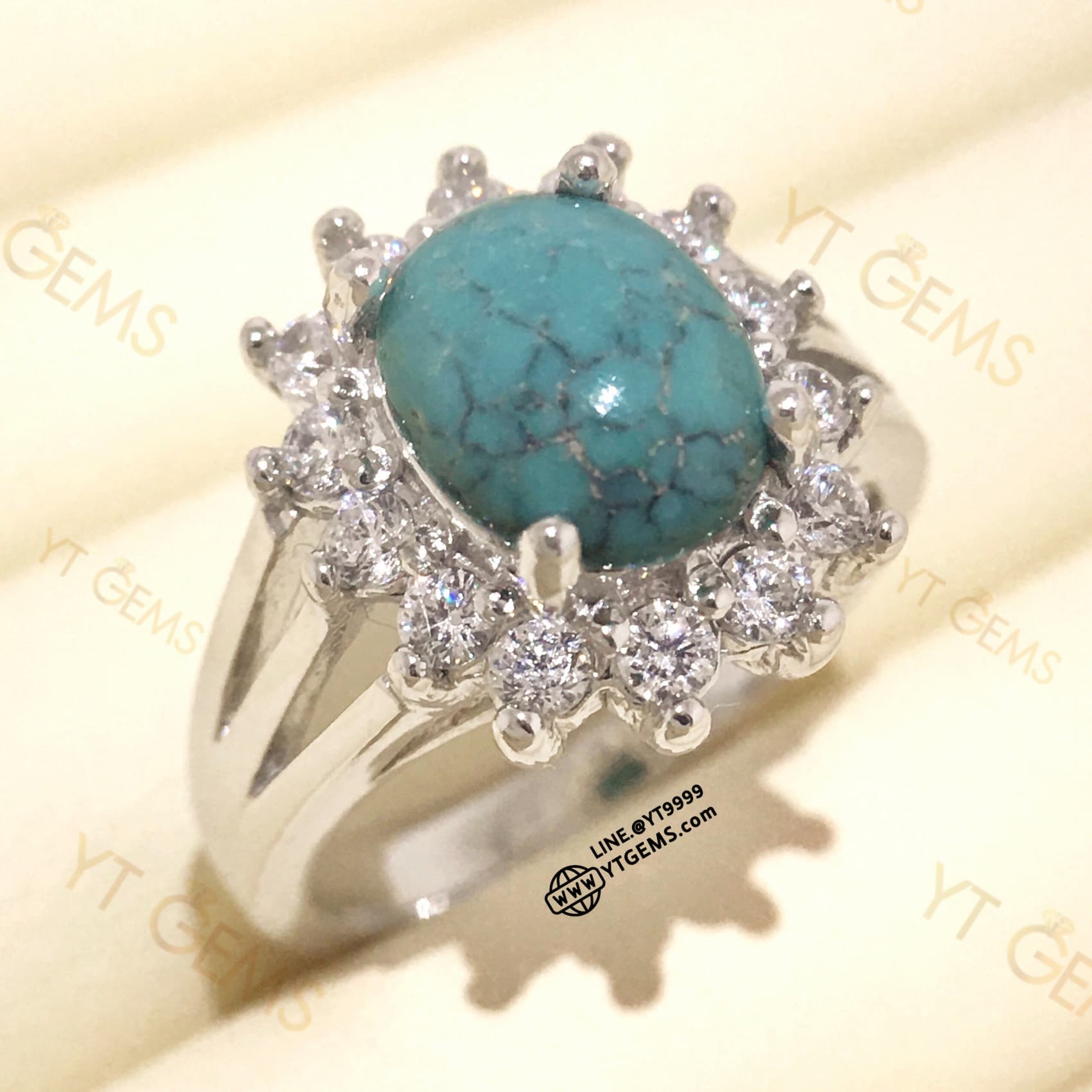 แหวนเทอร์ควอยส์ ล้อมเพชร แหวนเงินแท้ ชุบทองคำขาว เทอร์ควอยส์แท้ YTG-11664 YTGEMS