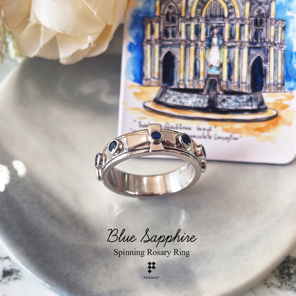 แหวนประคำ แหวนสวดภาวนาคริสต์ หมุนได้ พลอยไพลิน 2.5mm เงินแท้ Blue Sapphire: Spinning Rosary Ring