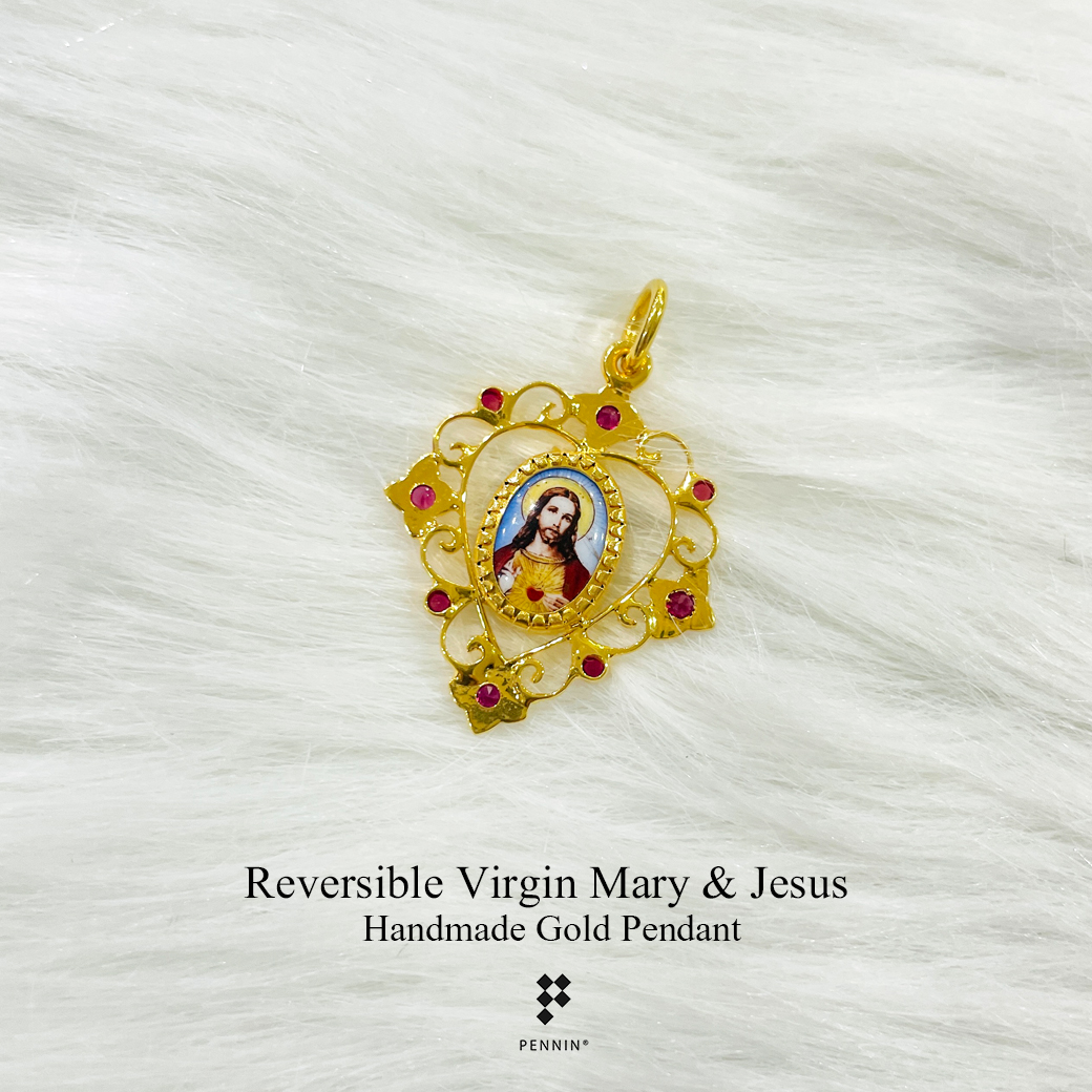 จี้แม่พระเลี่ยมกรอบทองกระเบื้องเคลือบอิตาลี แซมทับทิม รูปแม่พระและพระเยซู งานขึ้นมือทอง 90