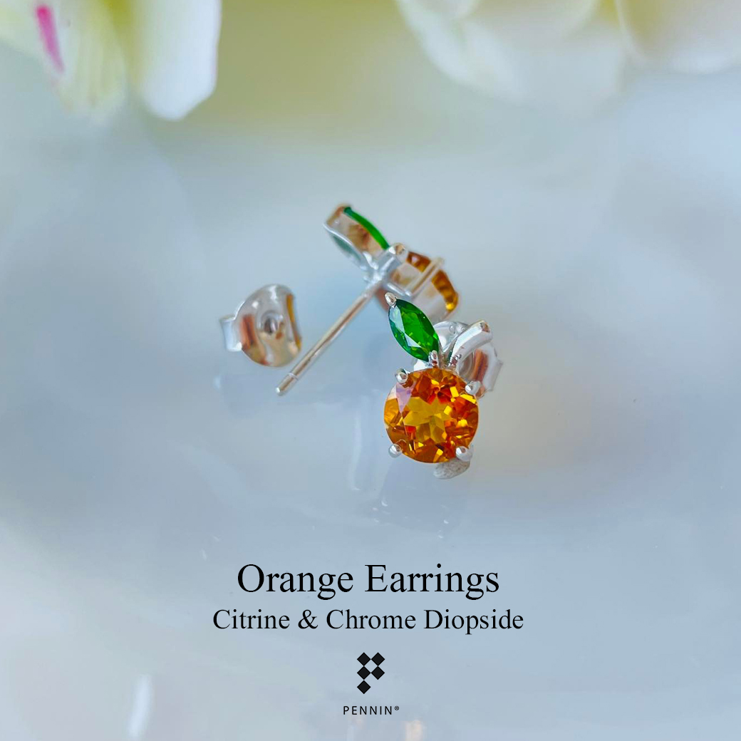 ต่างหูส้ม ซิทริน (Citrine) แซมใบ พลอยกรีนโครมไดออฟไซด์ (Chrome Diopside) สวยน่ารัก เงินแท้ 925 ชุบทองคำขาว