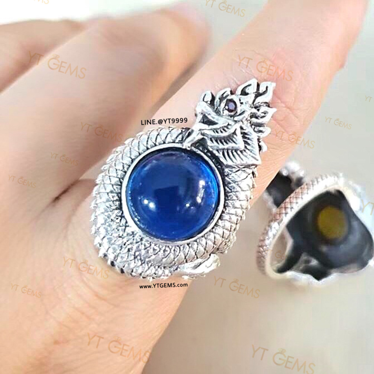 แหวนพญานาค โอบมณีสีฟ้า เพทาย แหวนเงินแท้ รมดำ พลอย(CZ) YTG-11488 YTGEMS