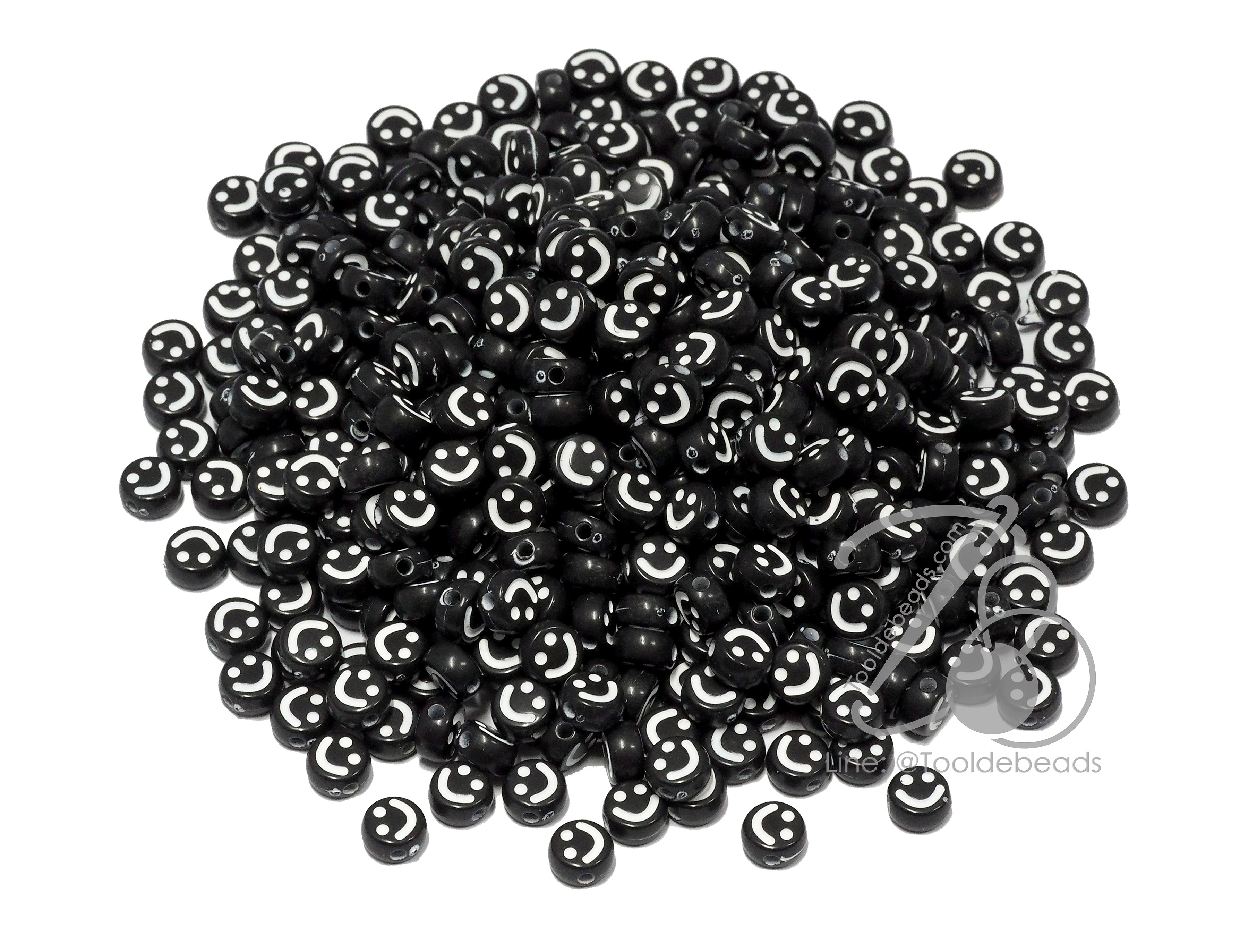 ลูกปัดอะคริลิค 6มม. ลายหน้ายิ้ม พื้นดำ สีสด (80 กรัม) SKU-14458